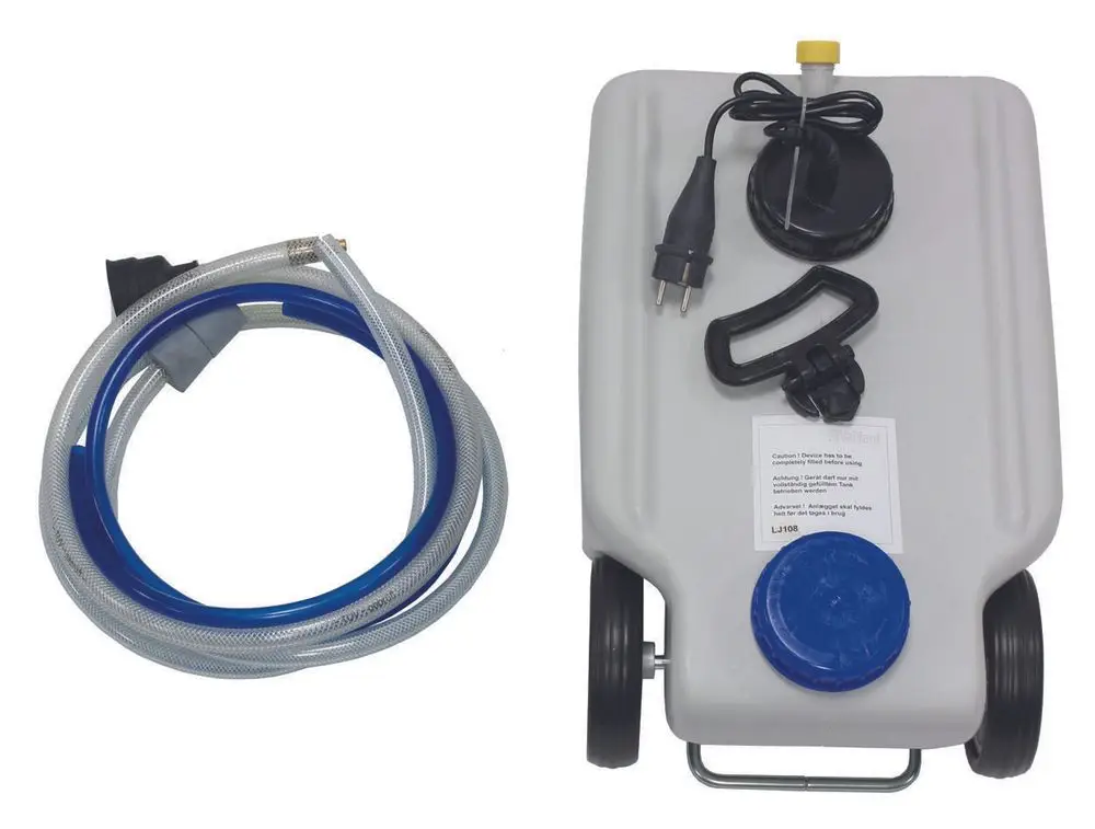 Vaillant Reinigungsgerät mit einem grauen Wassertank, zwei Rädern, einer Schlauchleitung und einem Stecker für elektrische Verbindung. Zubehör für die Reinigung von Heizsystemen.
